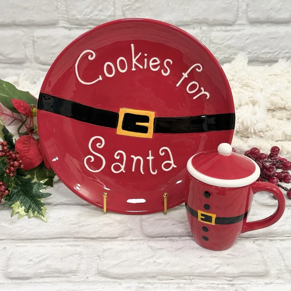 Cookies for Santa Ceramic Plate & Milk Mug Red & White Christmas Holiday Decore